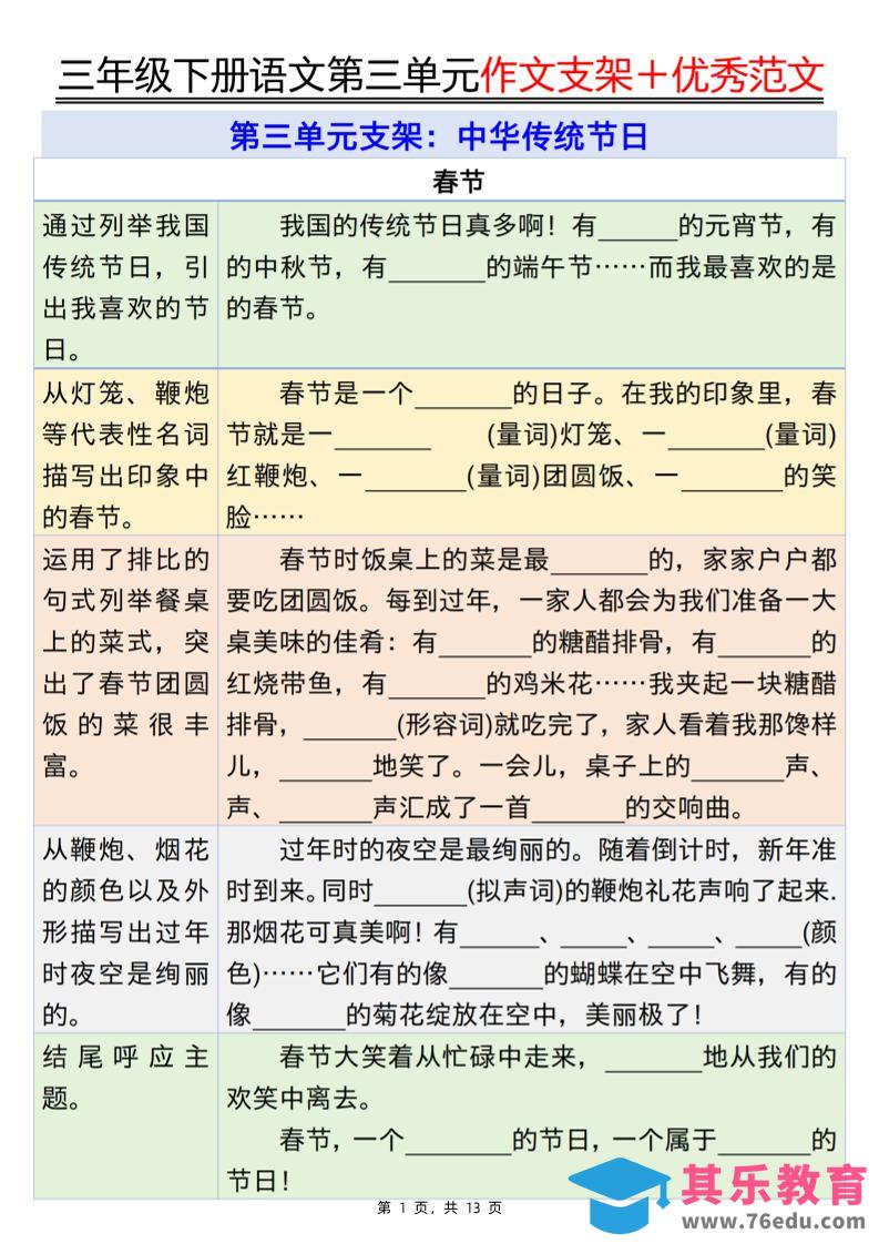 三下语文第三单元作文支架＋优秀范文13页-985文库