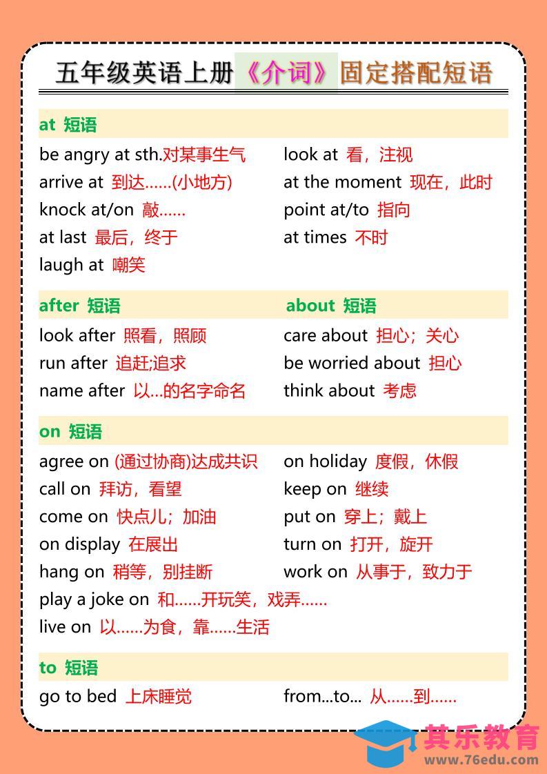 五年级英语上册《介词》固定搭配短语-985文库