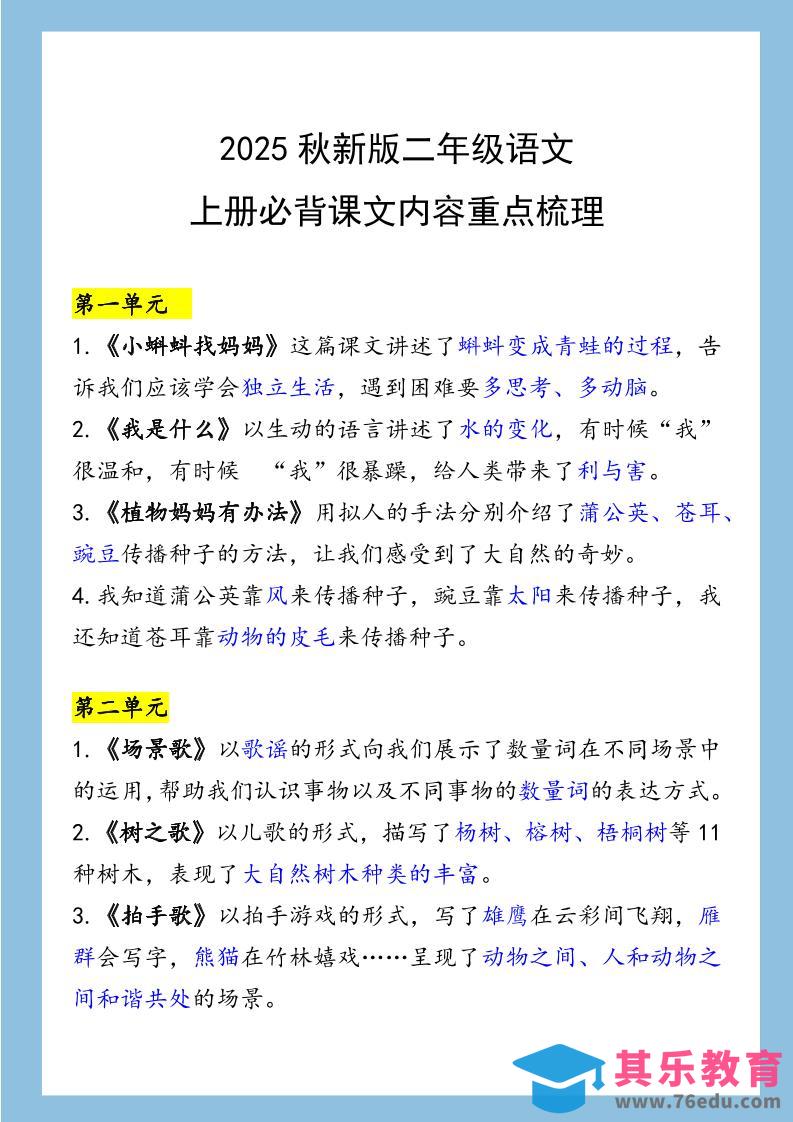 【2025秋新版】二年级语文上册必背课文内容重点梳理-985文库