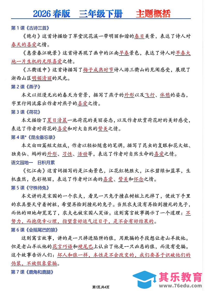 26春三年级下语文每课主题概括-985文库