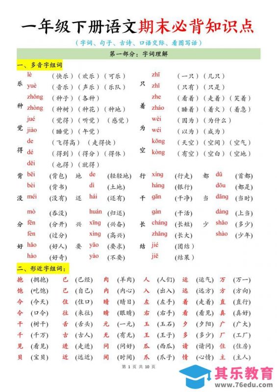 26春一年级下语文期末必背知识点-985文库