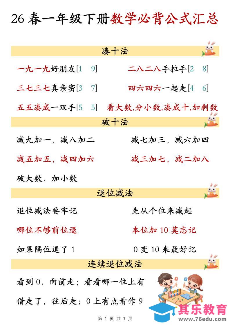 26春一年级下数学期末必背公式汇总-985文库
