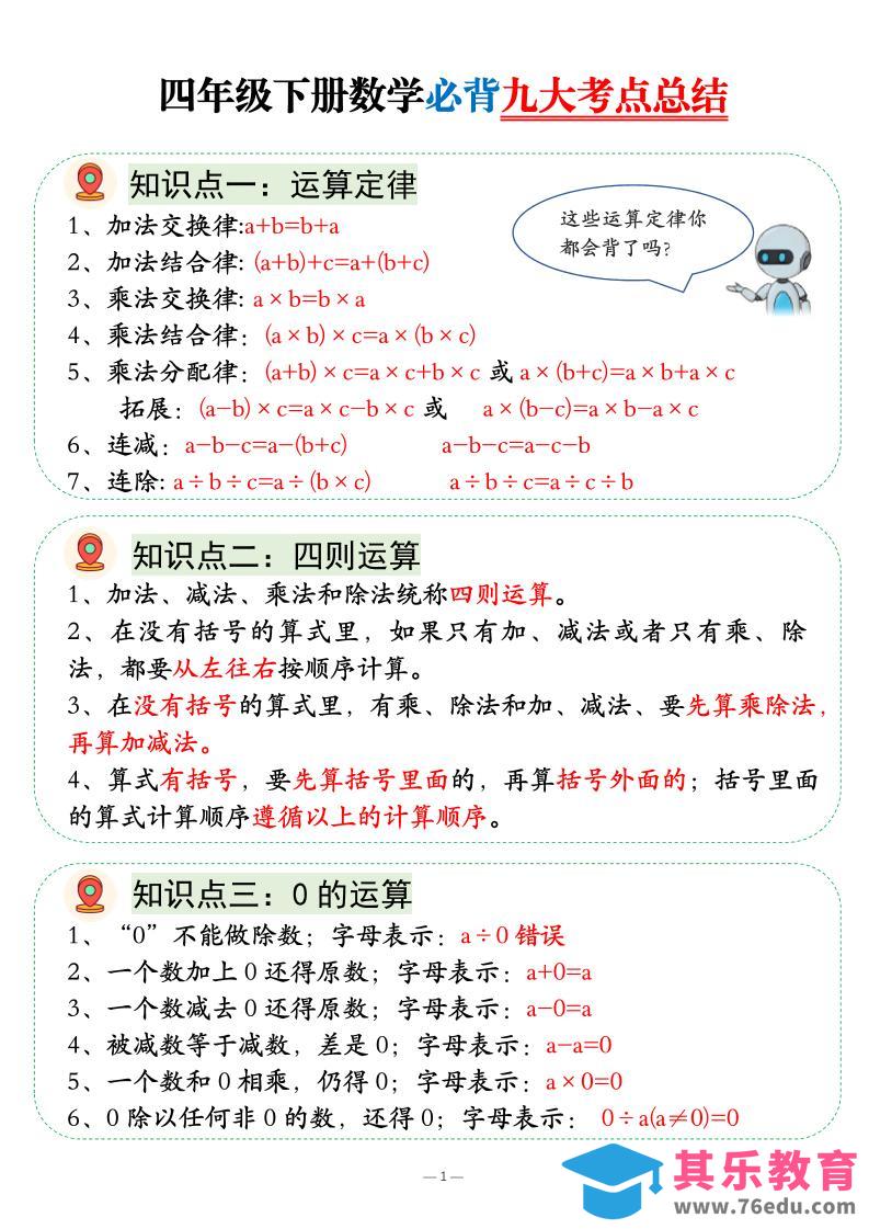 四年级下数学必背九大考点总结-985文库