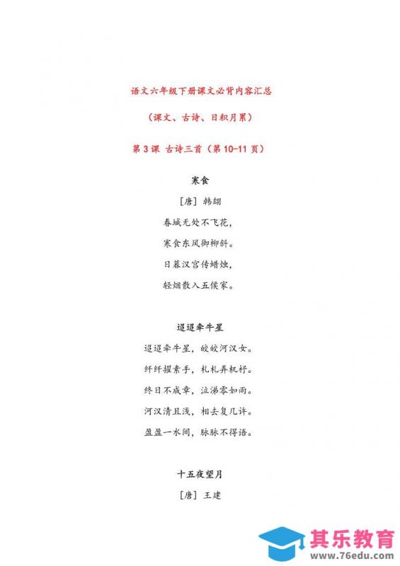 语文六年级下册课文必背内容汇总-985文库
