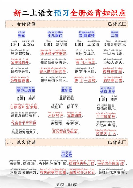 【21页完整版】26秋新二上语文预习全册必背知识点.pdf-985文库