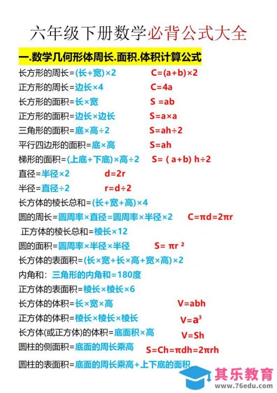 六年级下数学期末必背公式大全-985文库