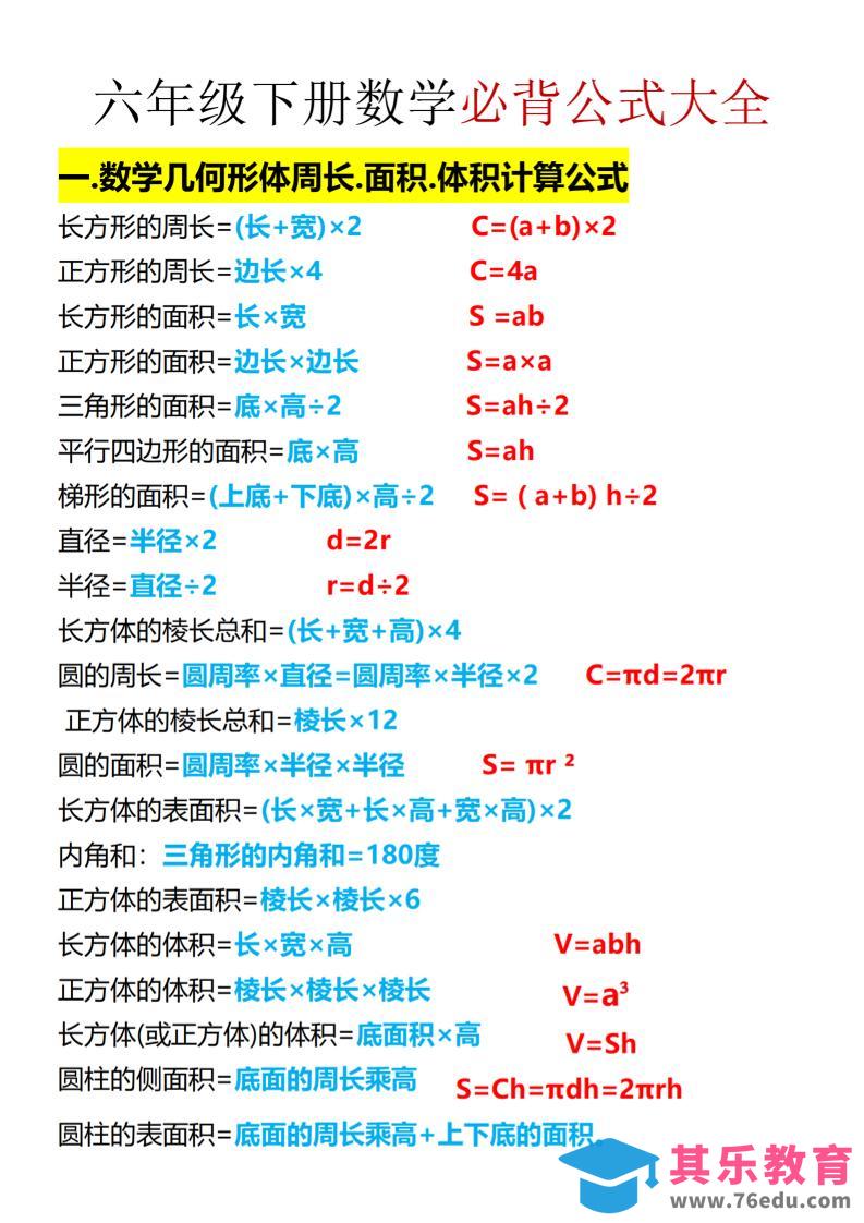 六年级下数学期末必背公式大全-985文库