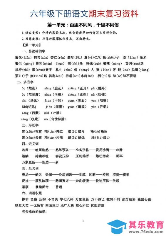 六年级下语文期末复习资料-985文库