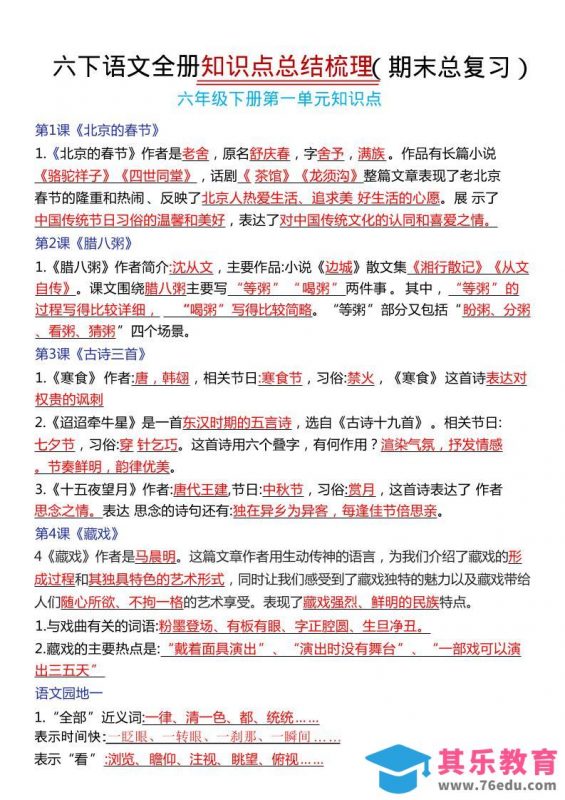 六年级下语文期末复习常考知识点总结-985文库