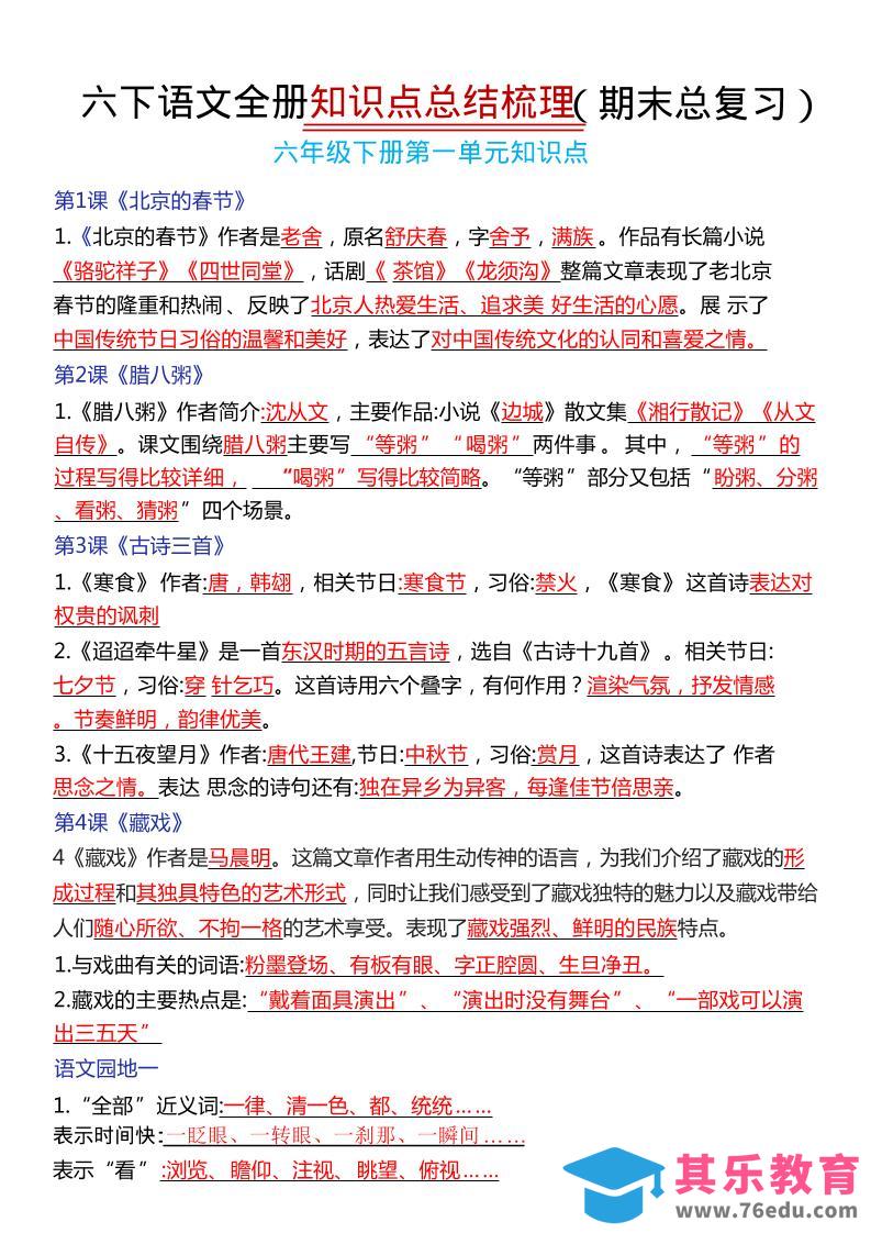 六年级下语文期末复习常考知识点总结-985文库