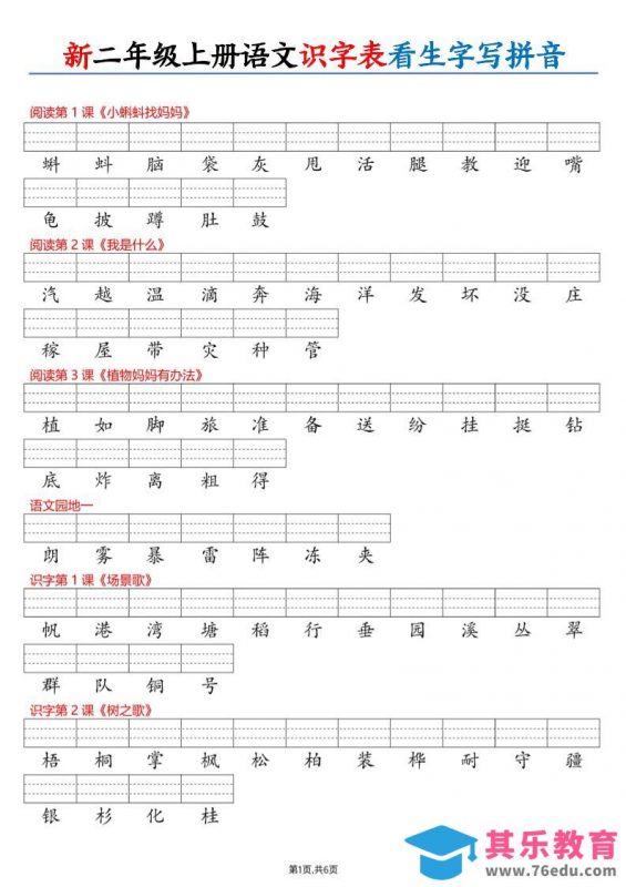 26新二上语文识字表看生字写拼音（6页-985文库
