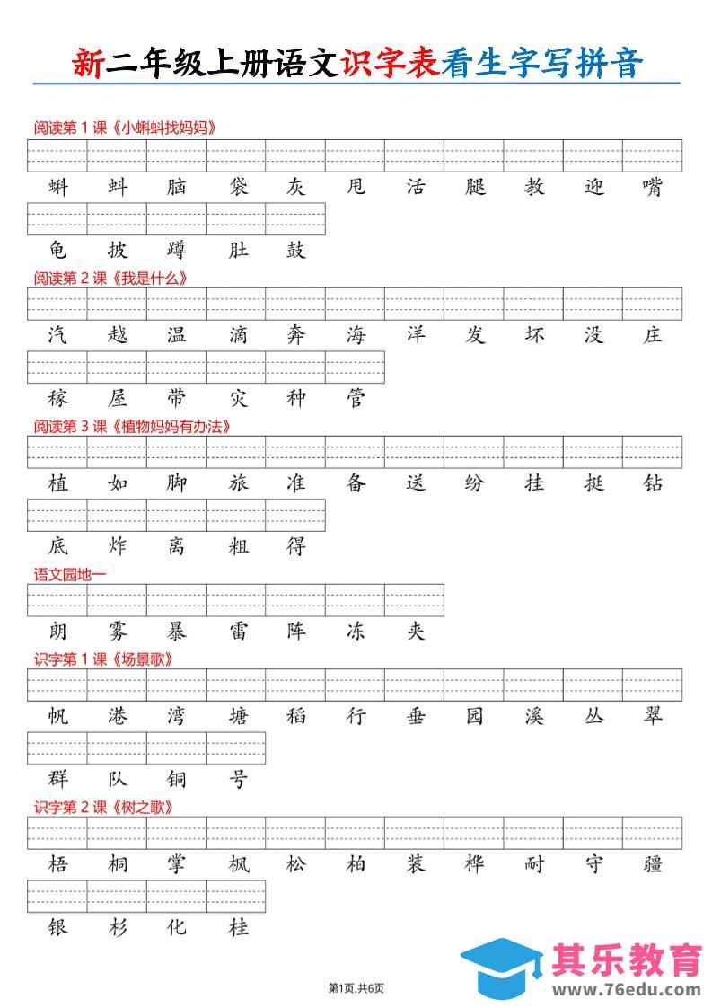 26新二上语文识字表看生字写拼音（6页-985文库