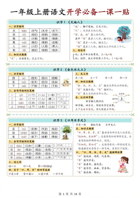 【14页完整版】26秋一年级上册语文必备一课一贴.pdf-985文库