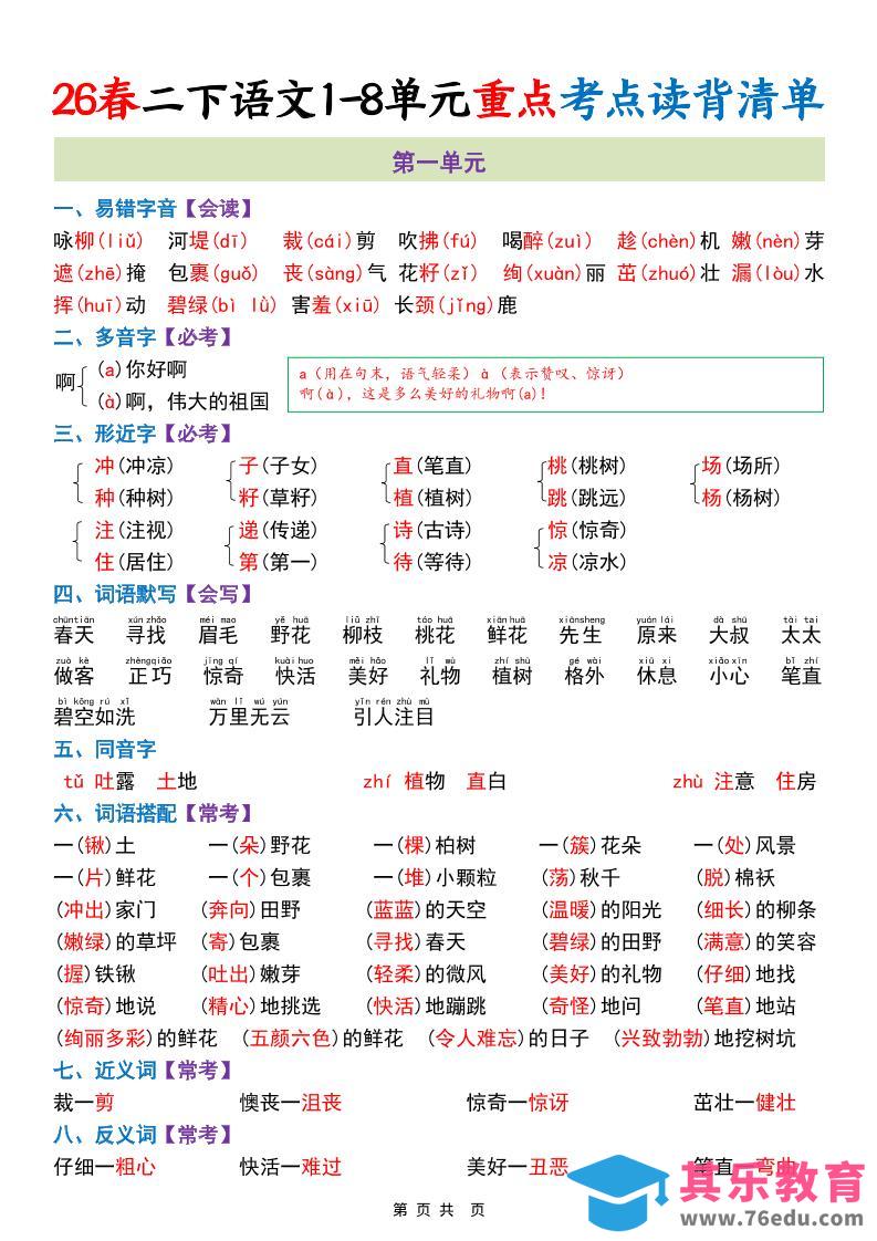二年级下语文期末复习1-8单元重点考点读背清单-985文库