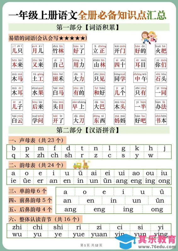 一年级上册语文全册必备知识点汇总-985文库