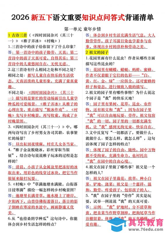五年级下册语文每课重要知识问答卷（提问式背诵）-985文库