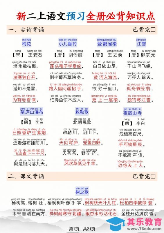 26新二上语文暑假预习全册必背知识点21页-985文库