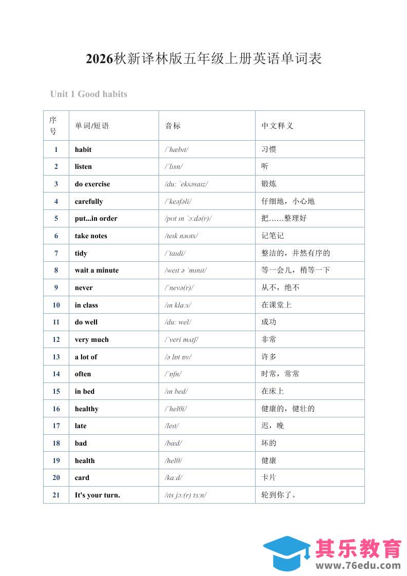 2026秋新译林版五年级上册英语单词表1-985文库