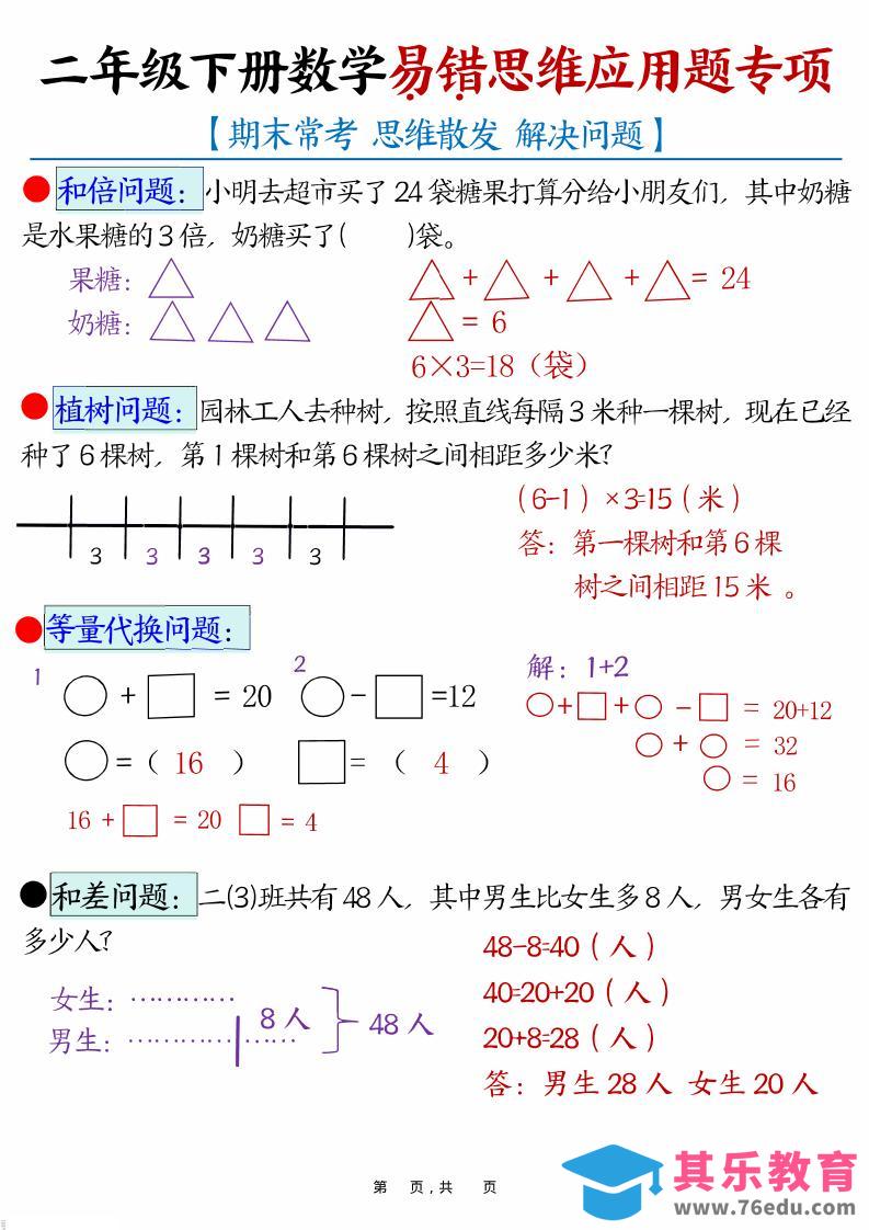 二年级下数学易错思维应用题专项训练-985文库