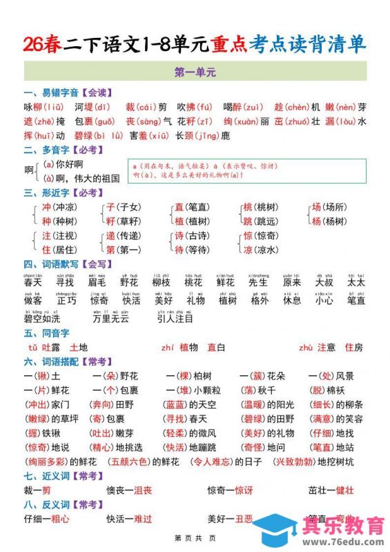 二年级下语文1-8单元重点考点读背清单-985文库