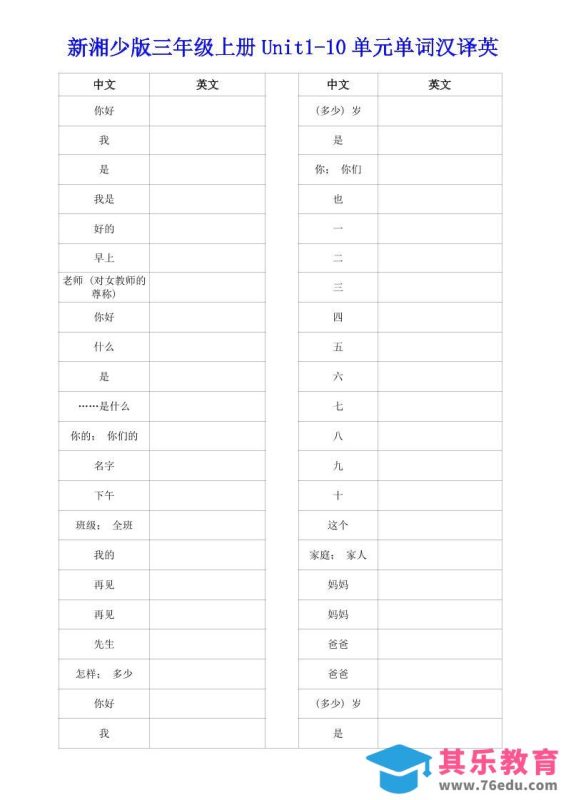 新湘少版三年级上册英语Unit1-10单词汉译英-985文库