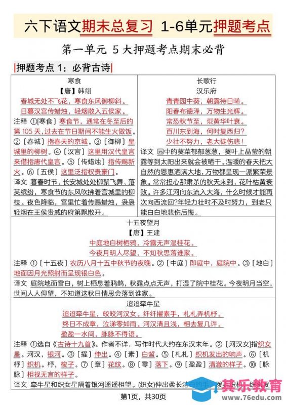 六年级下语文期末总复习1-6单元押题考点-985文库