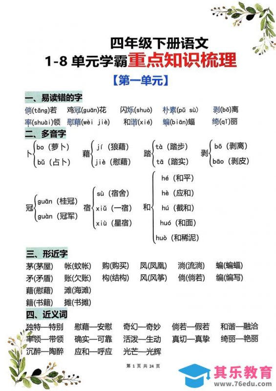 四年级下语文1-8单元学霸重点知识梳理-985文库