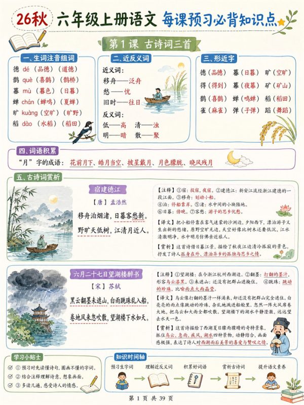 【39页高彩版】26秋六年级上册语文 每课预习必背知识点.pdf-985文库