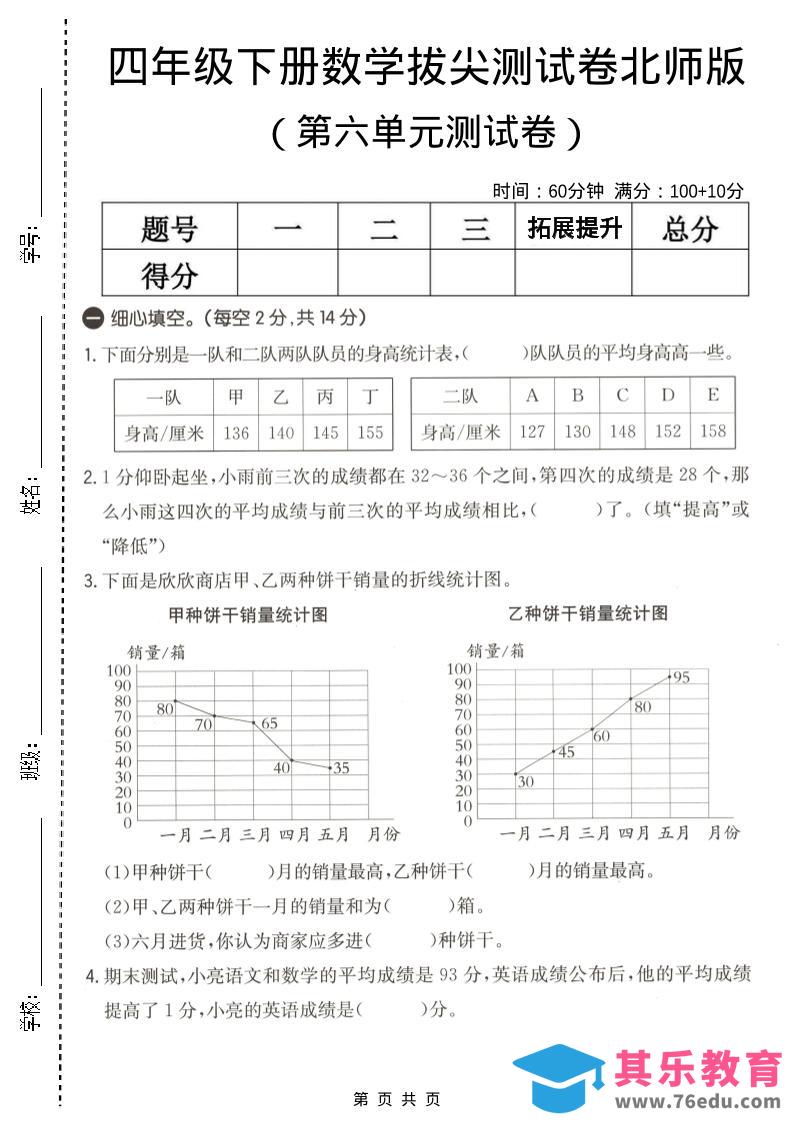四年级下数学第六单元拔尖测试卷《北师版》-985文库
