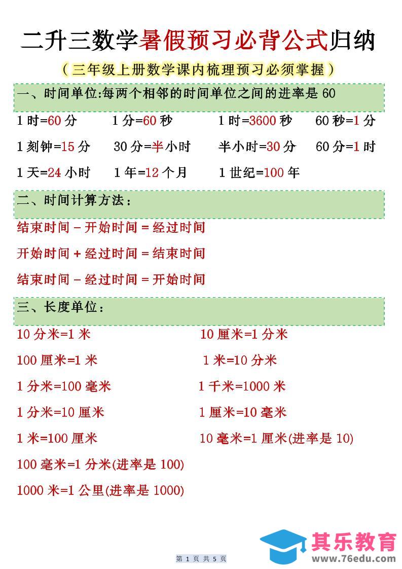 人教版二升三数学暑假预习必背公式归纳-三上数学-985文库