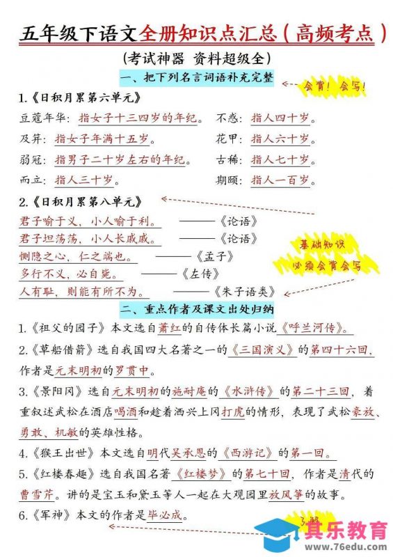 五年级下语文期末全册知识点汇总高频考点-985文库
