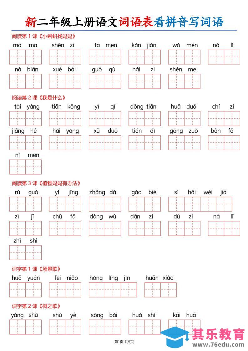 26新二上语文词语表看拼音写词语（含答案10页-985文库