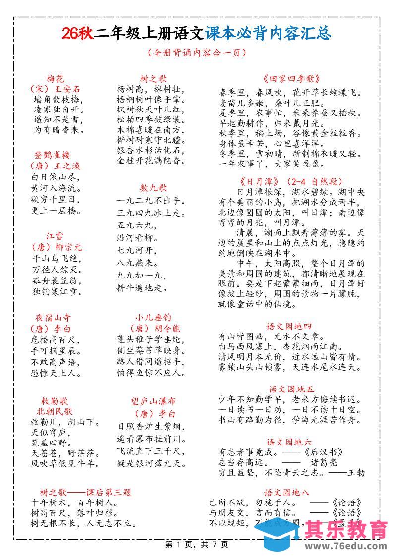 26秋二上语文课本必背内容汇总7页-985文库
