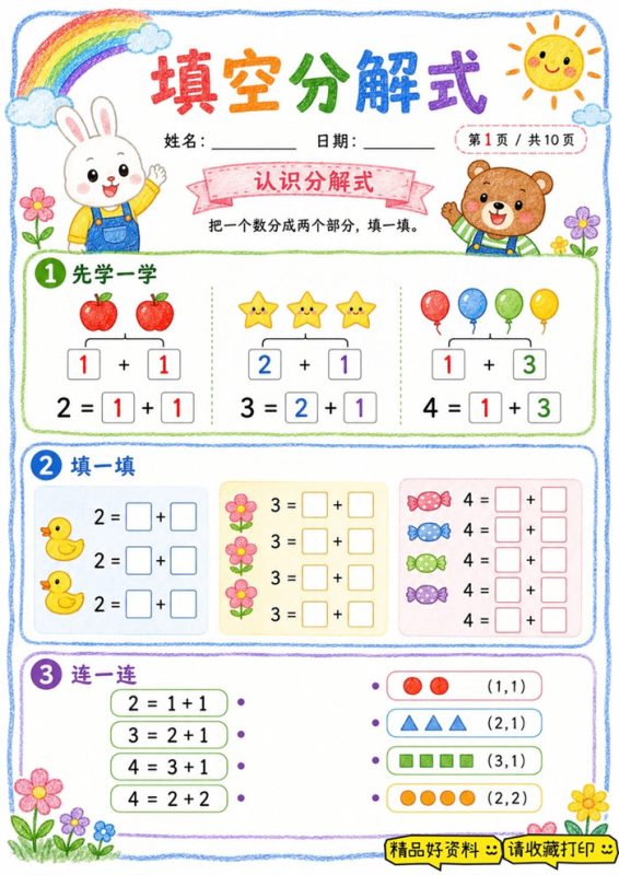 【10页高彩版】填空分解式练习，吃透 10 以内数字分合.pdf-985文库