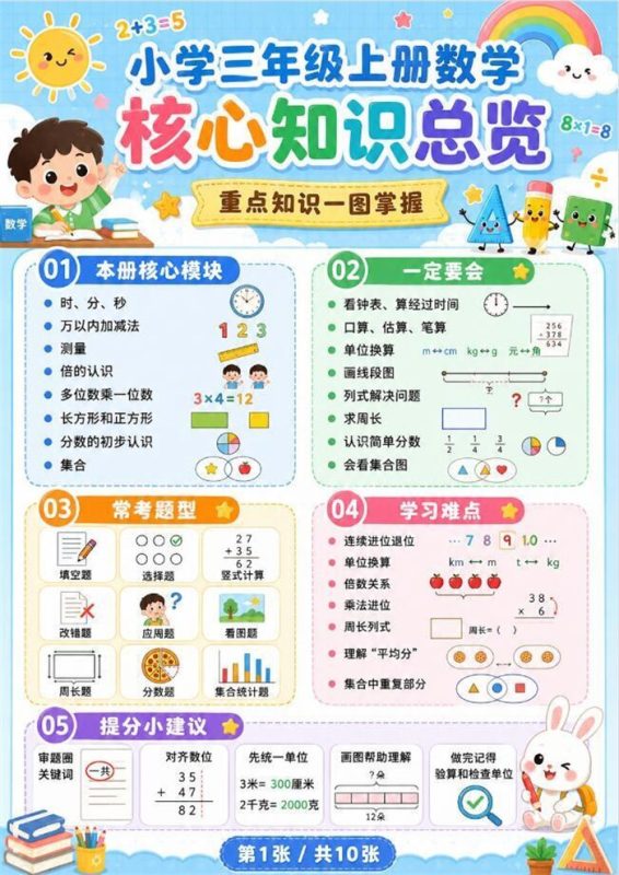 【10页高彩版】26秋小学数学三年级上册知识点总结和学习技巧.pdf-985文库