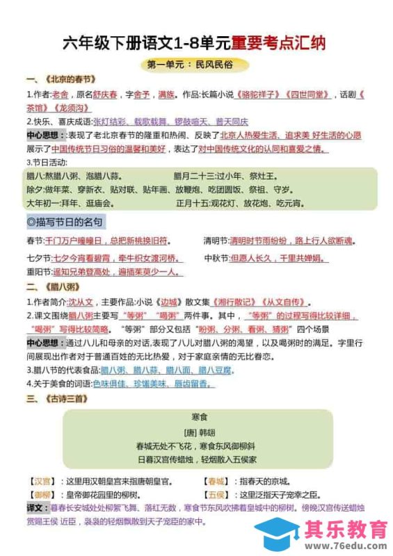 六年级下语文1-8单元重要考点汇总-985文库