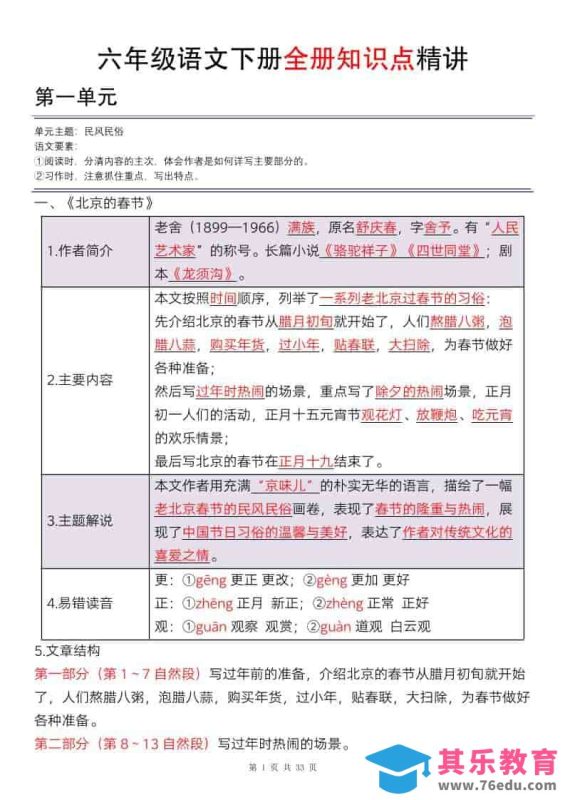 六年级下语文全册知识点精讲33页-985文库