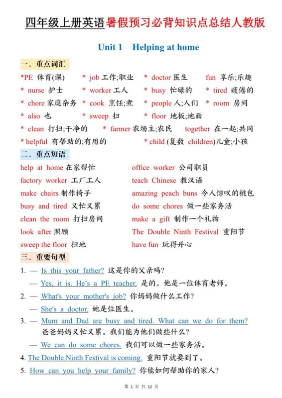 【12页完整版】26秋四年级(上)英语 暑假预习必背知识点总结《PEP版》.pdf-985文库