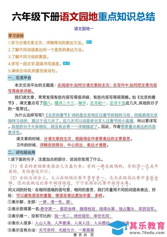 六年级下语文园地重点知识总结-985文库