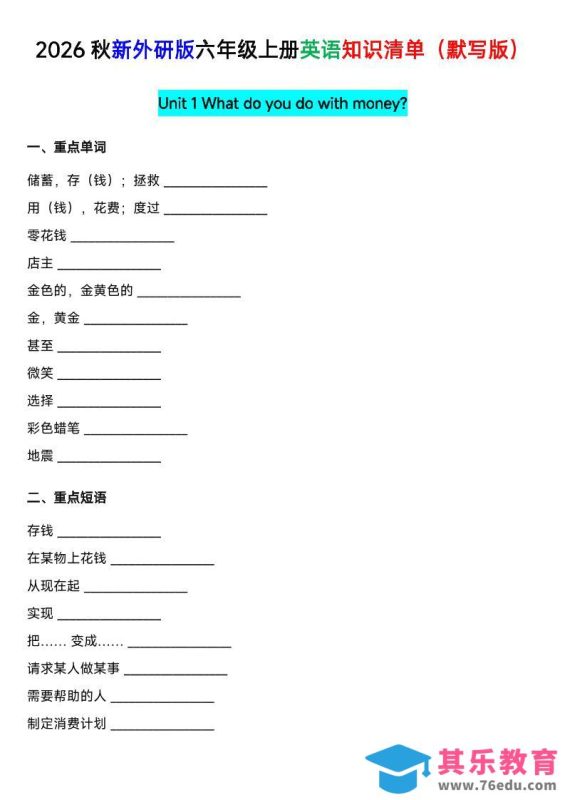 外研社版六年级英语上册全单元知识清单（默写版）-985文库