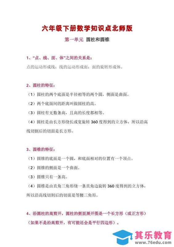 六年级下数学知识点汇总《北师版》-985文库