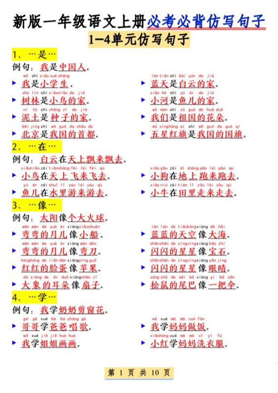 【10页完整版】26秋一年级（上）语文必考必背仿写句子.pdf-985文库