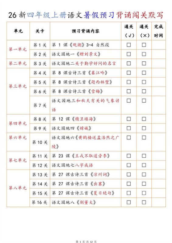 【12页完整版】26秋新四年级上册语文暑假预习背诵闯关默写(默写版).pdf-985文库