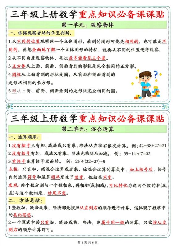 【6页完整版】26秋3年级数学上册《单元重点知识必备课课贴》人教(1).pdf-985文库