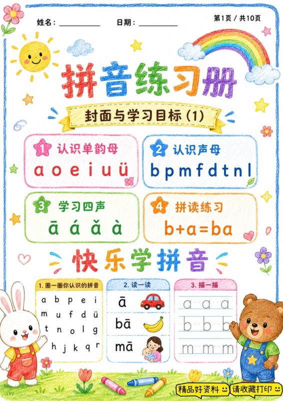 【10页高彩版】幼小拼音练习册，零基础循序渐进拼读.pdf-985文库