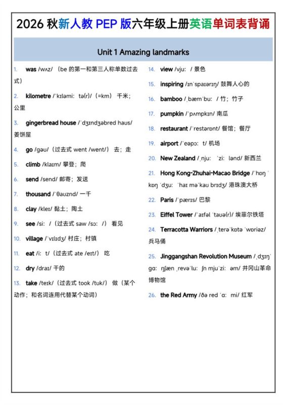 【6页完整版】26秋PEP人教版六年级上册英语单词背诵资料.pdf-985文库