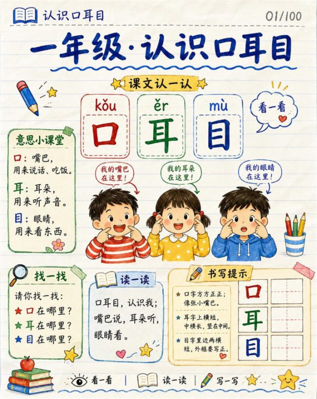 【10页高彩版】26秋一年级语文《口耳目》课堂笔记.pdf-985文库
